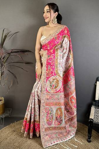 Cream & pink silk blend woven kashmiri saree with unstitched blouse piece