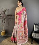 Cream & pink pashmina silk woven kashmiri saree with unstitched blouse piece