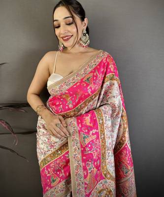 Cream & pink silk blend woven kashmiri saree with unstitched blouse piece 2