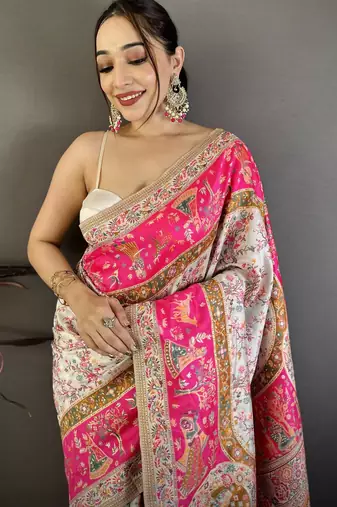 Cream & pink silk blend woven kashmiri saree with unstitched blouse piece