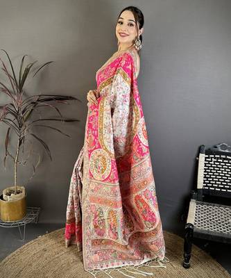 Cream & pink silk blend woven kashmiri saree with unstitched blouse piece 3