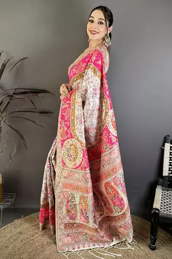 Cream & pink silk blend woven kashmiri saree with unstitched blouse piece