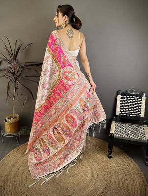 Cream & pink silk blend woven kashmiri saree with unstitched blouse piece 4
