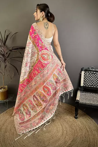 Cream & pink silk blend woven kashmiri saree with unstitched blouse piece