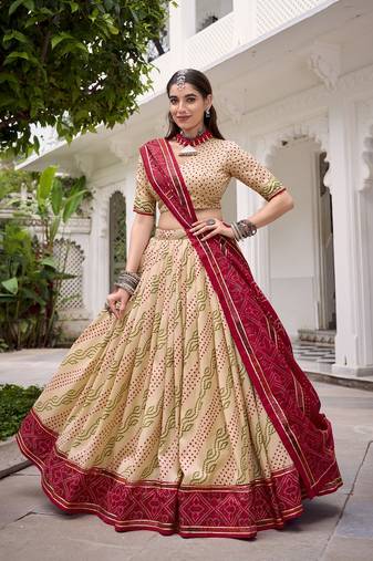 Offwhite Tasar Silk Bandhej Print Lehenga Choli With Purple Gotta Patti Dupatta