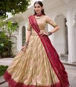 Offwhite Tasar Silk Bandhej Print Lehenga Choli With Purple Gotta Patti Dupatta