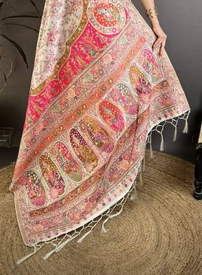 Cream & pink silk blend woven kashmiri saree with unstitched blouse piece 5
