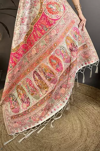 Cream & pink silk blend woven kashmiri saree with unstitched blouse piece