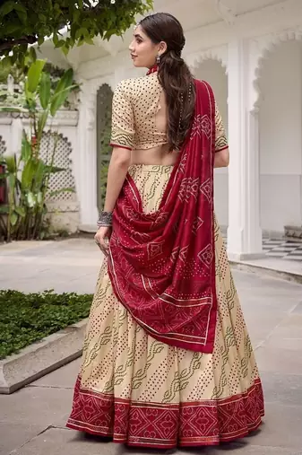 Offwhite Tasar Silk Bandhej Print Lehenga Choli With Purple Gotta Patti Dupatta