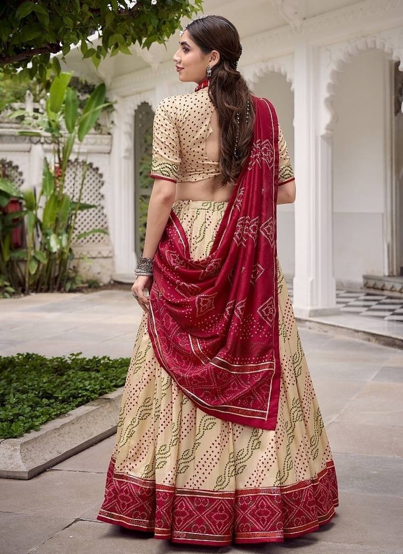 Offwhite Tasar Silk Bandhej Print Lehenga Choli With Purple Gotta Patti Dupatta