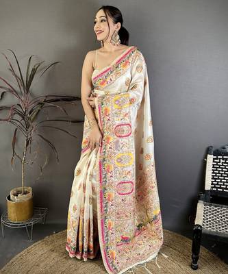 Cream silk blend woven kashmiri saree with unstitched blouse piece 1