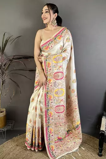Cream silk blend woven kashmiri saree with unstitched blouse piece