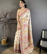Cream pashmina silk woven kashmiri saree with unstitched blouse piece