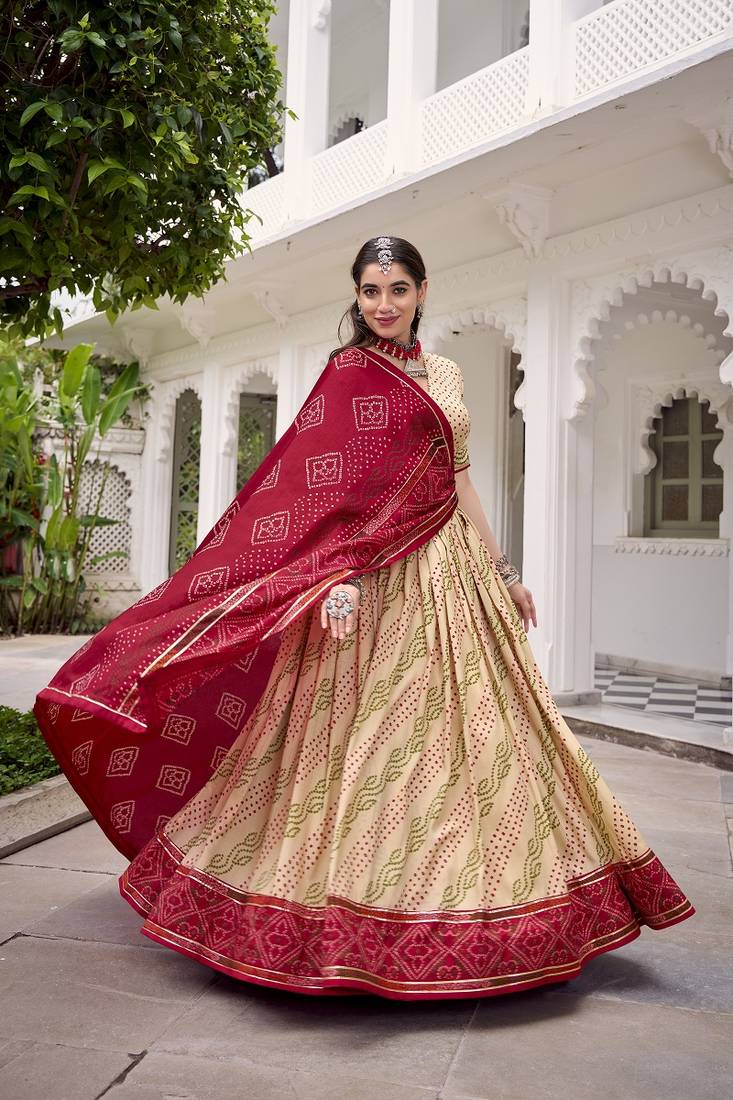 Offwhite Tasar Silk Bandhej Print Lehenga Choli With Purple Gotta Patti Dupatta