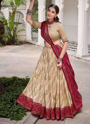Offwhite Tasar Silk Bandhej Print Lehenga Choli With Purple Gotta Patti Dupatta 4