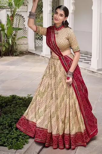 Offwhite Tasar Silk Bandhej Print Lehenga Choli With Purple Gotta Patti Dupatta