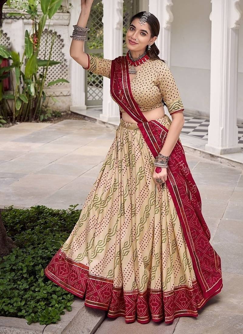 Offwhite Tasar Silk Bandhej Print Lehenga Choli With Purple Gotta Patti Dupatta