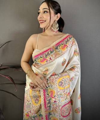 Cream silk blend woven kashmiri saree with unstitched blouse piece 2