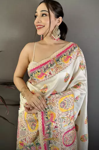 Cream silk blend woven kashmiri saree with unstitched blouse piece