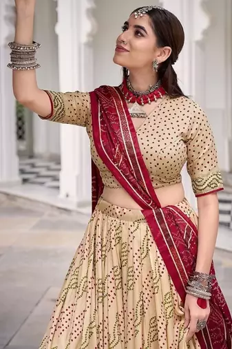 Offwhite Tasar Silk Bandhej Print Lehenga Choli With Purple Gotta Patti Dupatta