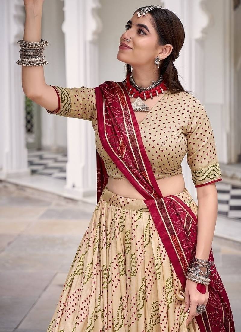Offwhite Tasar Silk Bandhej Print Lehenga Choli With Purple Gotta Patti Dupatta