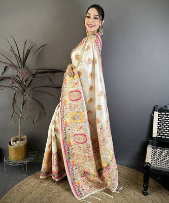 Cream silk blend woven kashmiri saree with unstitched blouse piece 3