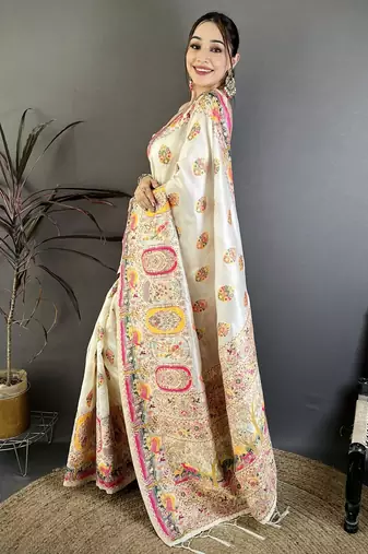 Cream silk blend woven kashmiri saree with unstitched blouse piece