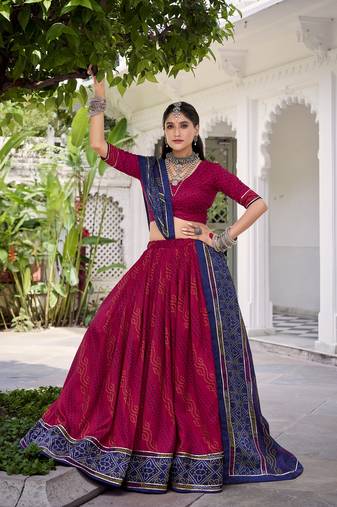 Pink Tasar Silk Bandhej Print Lehenga Choli With Purple Gotta Patti Dupatta