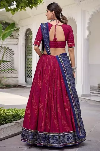 Pink Tasar Silk Bandhej Print Lehenga Choli With Purple Gotta Patti Dupatta