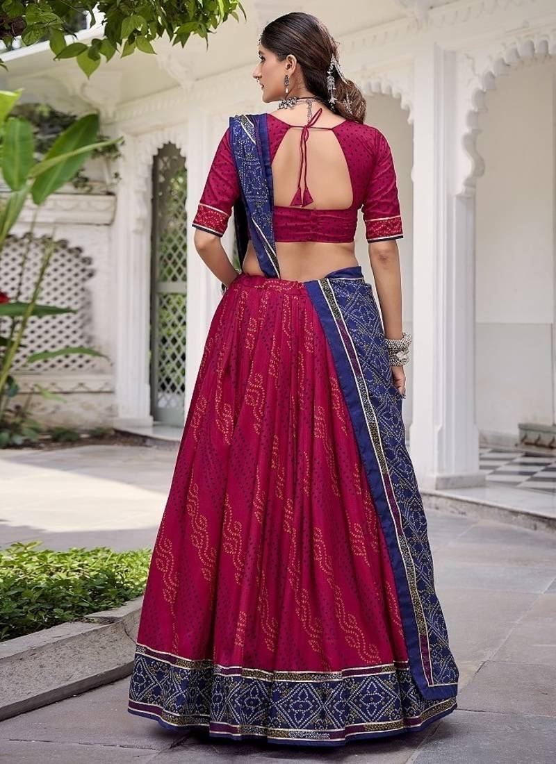 Pink Tasar Silk Bandhej Print Lehenga Choli With Purple Gotta Patti Dupatta