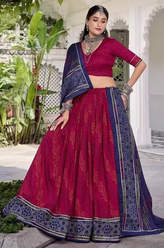 Pink Tasar Silk Bandhej Print Lehenga Choli With Purple Gotta Patti Dupatta