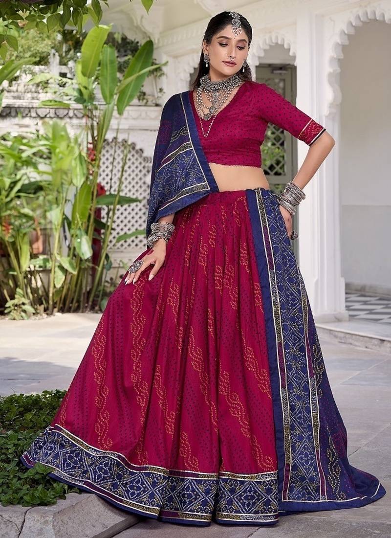 Pink Tasar Silk Bandhej Print Lehenga Choli With Purple Gotta Patti Dupatta