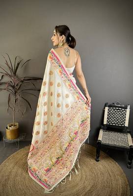 Cream silk blend woven kashmiri saree with unstitched blouse piece 4