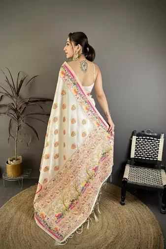 Cream silk blend woven kashmiri saree with unstitched blouse piece