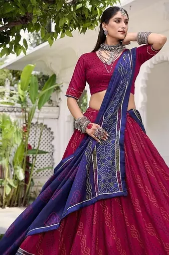 Pink Tasar Silk Bandhej Print Lehenga Choli With Purple Gotta Patti Dupatta