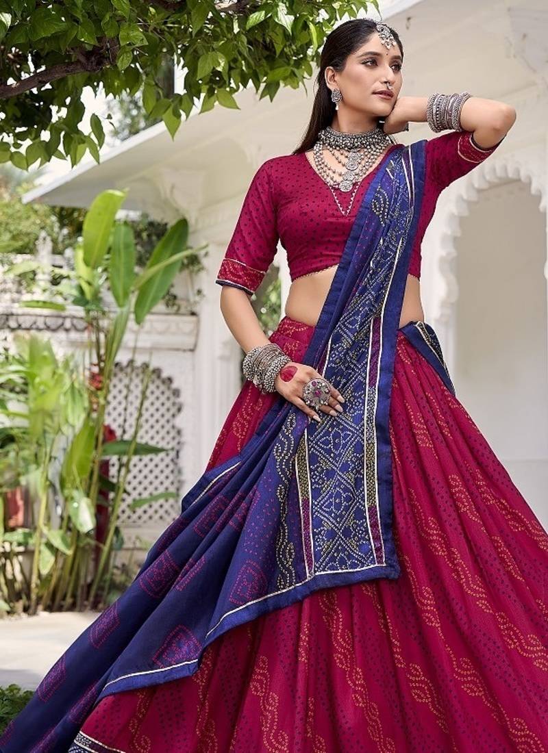 Pink Tasar Silk Bandhej Print Lehenga Choli With Purple Gotta Patti Dupatta