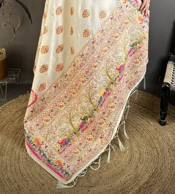 Cream silk blend woven kashmiri saree with unstitched blouse piece 5