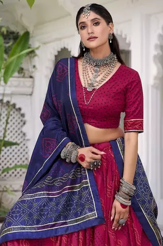 Pink Tasar Silk Bandhej Print Lehenga Choli With Purple Gotta Patti Dupatta