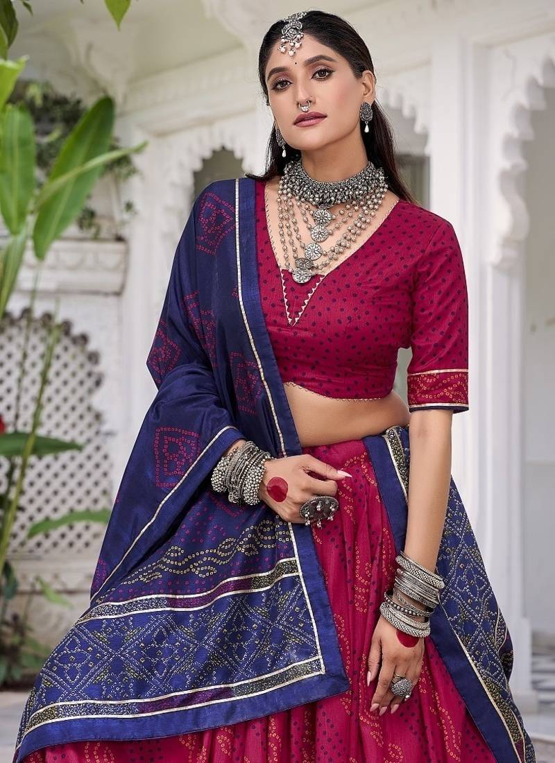 Pink Tasar Silk Bandhej Print Lehenga Choli With Purple Gotta Patti Dupatta