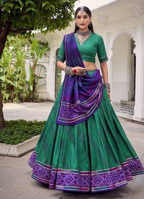 Green Tasar Silk Bandhej Print Lehenga Choli With Purple Gotta Patti Dupatta 1