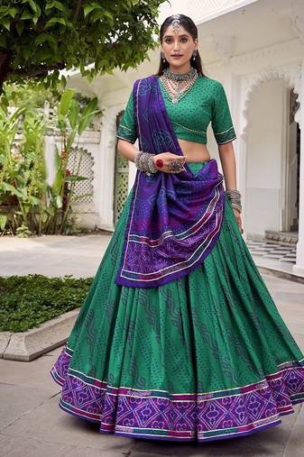 Green Tasar Silk Bandhej Print Lehenga Choli With Purple Gotta Patti Dupatta