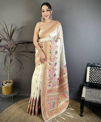 Cream silk blend woven kashmiri saree with unstitched blouse piece 1