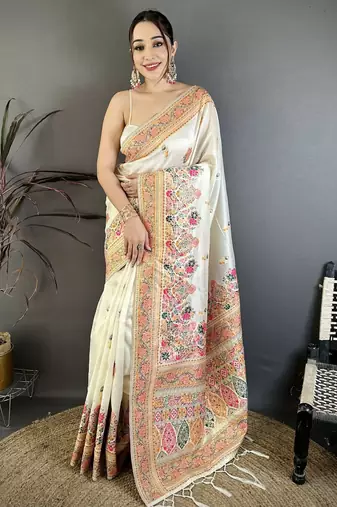 Cream silk blend woven kashmiri saree with unstitched blouse piece