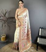 Cream pashmina silk woven kashmiri saree with unstitched blouse piece