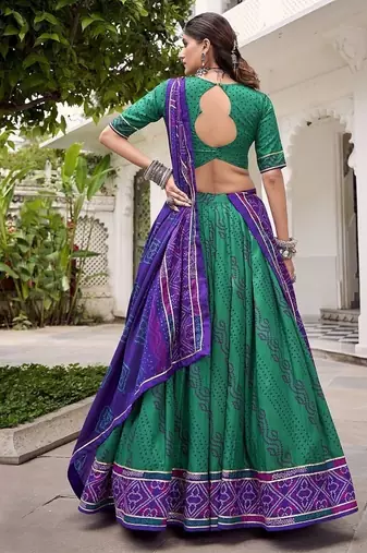Green Tasar Silk Bandhej Print Lehenga Choli With Purple Gotta Patti Dupatta