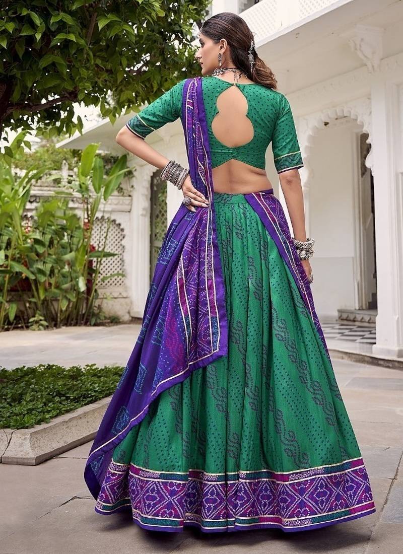 Green Tasar Silk Bandhej Print Lehenga Choli With Purple Gotta Patti Dupatta