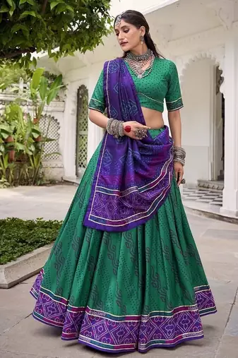 Green Tasar Silk Bandhej Print Lehenga Choli With Purple Gotta Patti Dupatta
