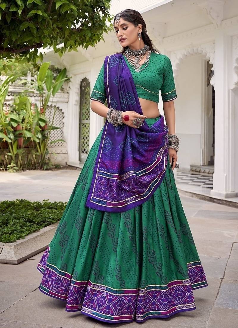 Green Tasar Silk Bandhej Print Lehenga Choli With Purple Gotta Patti Dupatta