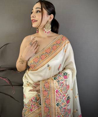 Cream silk blend woven kashmiri saree with unstitched blouse piece 2