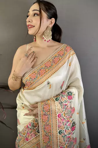 Cream silk blend woven kashmiri saree with unstitched blouse piece
